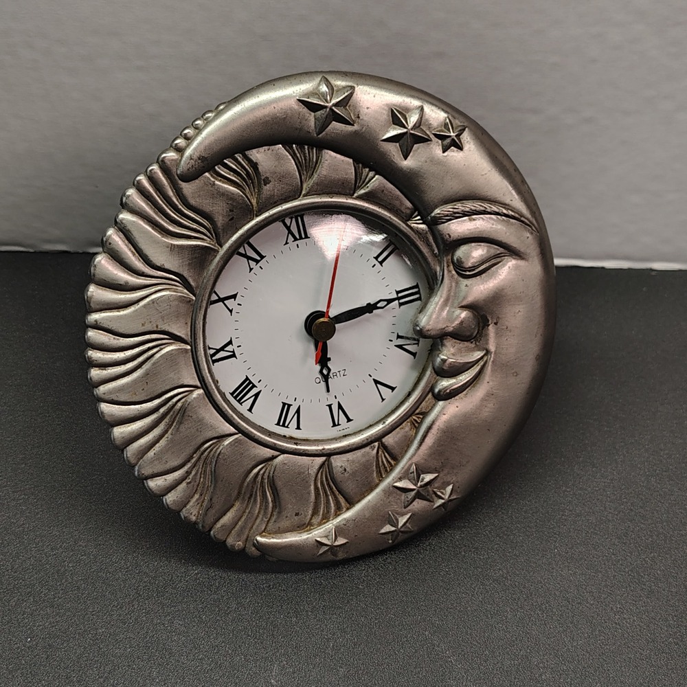 Vintage Desk Clock Silver Sun Moon Celestial Quartz